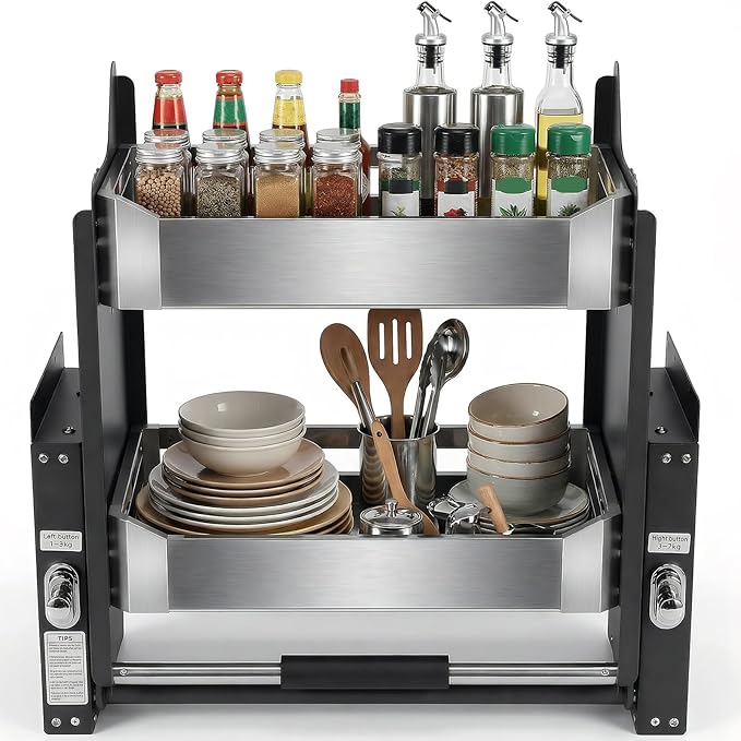2 Tier Heavy Duty Pull Down Shelf 22.2-22.4 Inch Width 11 Inch Depth 22 Inch Height Shelf Organizer for Kitchen Pots Pans &amp Pantry Storage