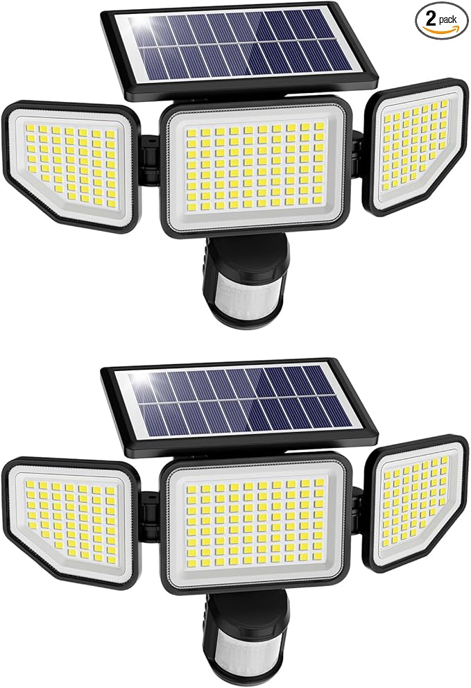 Onforu 4500LM Solar Lights Outdoor 3 Heads Security Lights with Remote Control IP65 Waterproof Motion Sensor Lights 3 Modes Flood Lights for Wall Porch Yard Outside 2 Pack