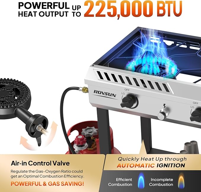 ROVSUN 3 Burner Outdoor Propane Burner with Ignition &amp Regulator 225000 BTU Powerful &amp Portable Gas Stove Outdoor Stand Cooker for Backyard Patio Cooking Home Camping Brewing Canning Turkey