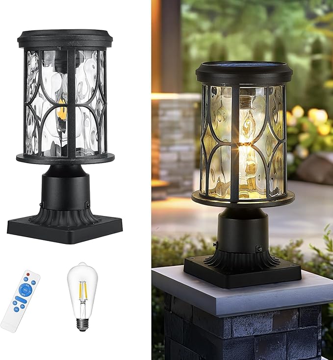 zeyu Outdoor Solar Column Light with Pier Mount Exterior Post Lighting Fixture with Remote Die-Cast Aluminum with Water Ripple Glass Shade Black Finish ZX48P-WG SL BK
