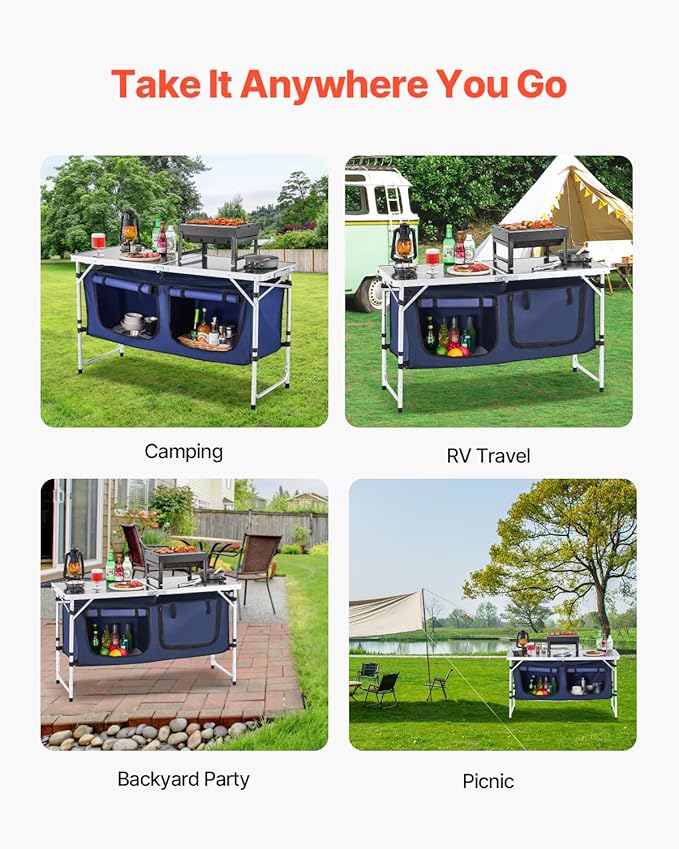 VEVOR Camping Kitchen Table Folding Outdoor Cooking Table 3 Adjustable Height Aluminum Lightweight Portable Cook Station with Storage Organizer Carry Handle for BBQ Party Picnic RV Travel Blue