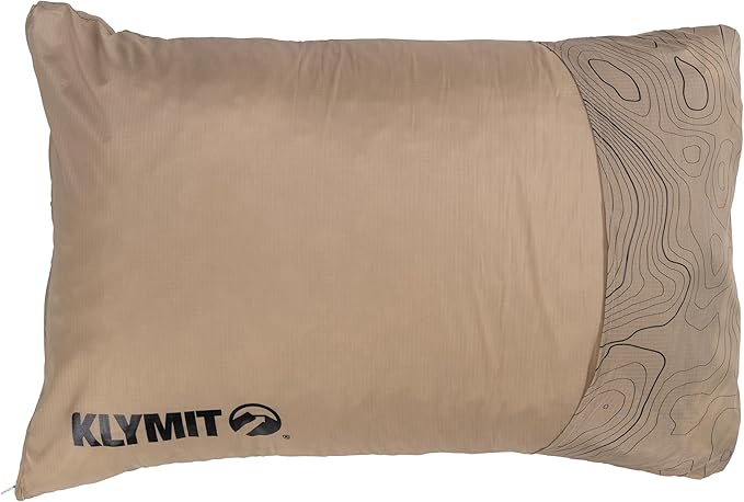 KLYMIT Drift Camping Pillow | Lightweight Travel Head Rest for Sleep Filled with Shredded Memory Foam Reversible Outer Cover for Extended Use Regular Size — Tan