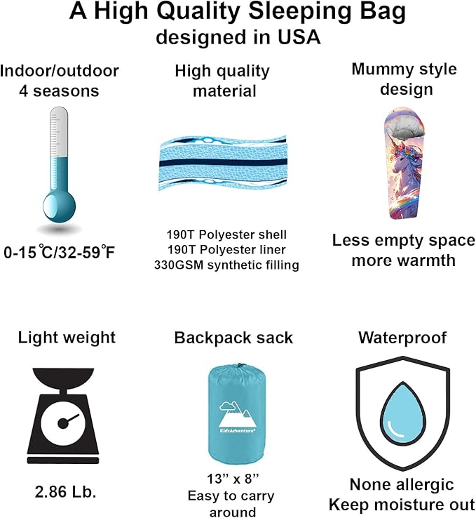 Mummy Style 32 – 59F Kids Sleeping Bag with Pillow Sleeve Full Scale Digital Printing Unicorn Mermaid Kitty or Puppy Lightweight Ideal for Camping Sleepover Boys Girls Youth and Toddlers
