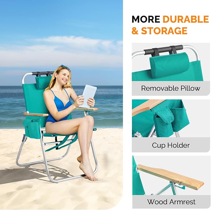 Bonnlo Lightweught 17 Backpack Beach Chair Tall Beach Chairs for Adults Portable with Adjustable Straps 3-Position Reclining Cup Holder High Beach Chairs for Beach