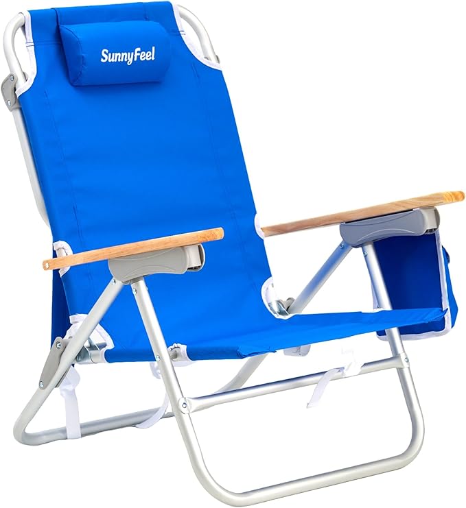 SUNNYFEEL Low Back Folding Beach Chair Aluminum Heavy Duty Beach Chair with 5-Position Portable Camping Chair for Adults with Wood Armrest Lightweight Camping Chair 300lbs Blue