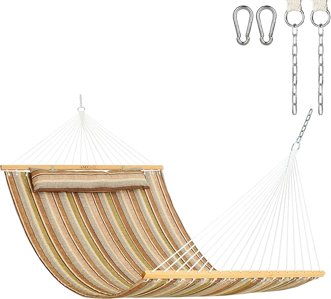 Lazy Daze Hammocks 12 FT Quilted Fabric Double Hammock with Spreader Bars and Detachable Pillow 450lbs Weight Capacity Brown Stripe