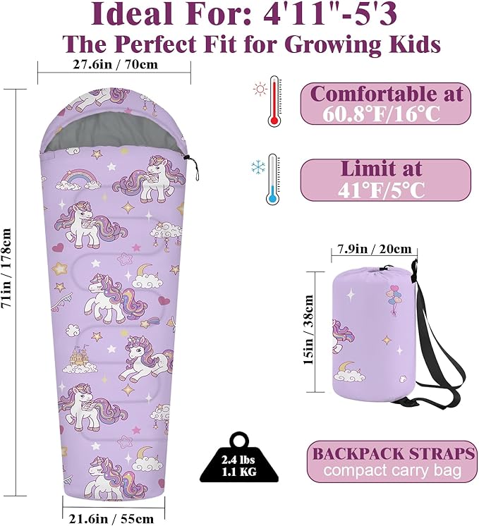 Kids Sleeping Bag for Girls 3 Season Child Sleeping Bag with Backpacking Bag Warm &amp Cool Weather Portable &amp Comfortable Machine Washable