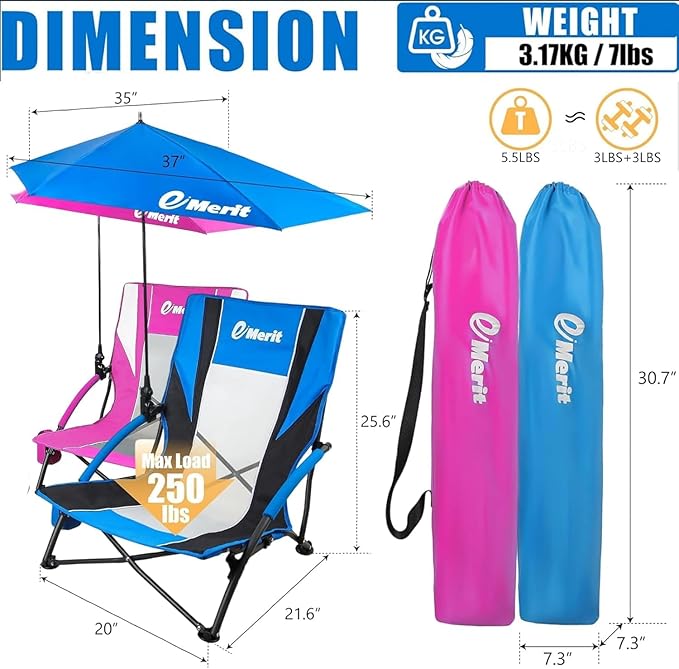 EMERIT Low Beach Chairs for Adults Sling Beach Chair with Umberalla Folding Backpack Camping Chair with Cup Holder