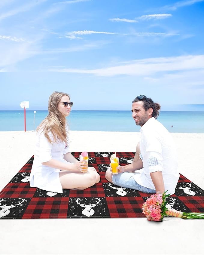 Beach Blanket Waterproof Sandproof OversizedChristmas Animal Elk Winter Snowflake Beach Mat with Corner Stakes Sand PocketsRed Buffalo Plaid White Shadow Outdoor Picnic Mat for Travel 95x80In