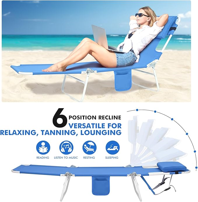 3 in 1 Women Comfort Backpack Tanning Beach Chair with Face Hole Padded Adjustable &amp Cushion | Portable Folding Lounge Sun Chair for Adult Outside Reading Sunbathing Poolside | Reclining 6 Positio