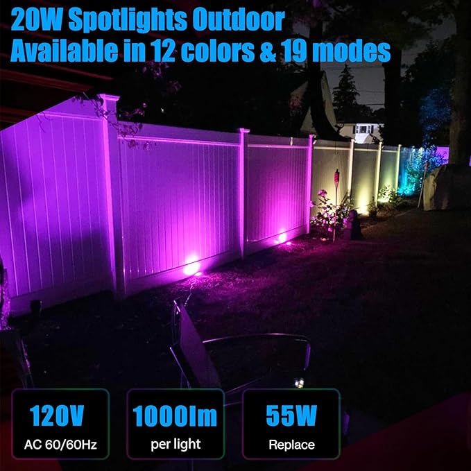 20W Outdoor RGB LED Spotlights 4 Pack 120V 1000lm with Remote &amp Transformer 12 Colors 19 Modes IP65 Waterproof 46.5ft Cord Landscape Lights for Yard Garden Christmas Halloween