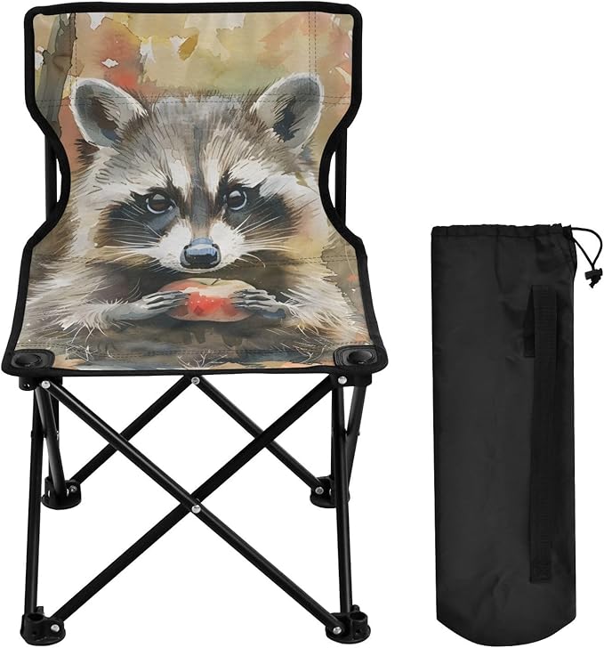 Cute Raccoon and Fruit Portable Camping Chairs Folding Chair - Durable Oxford Fabric Lightweight Iron Frame Easy Fold Design - Ideal for Outdoor Activities Camping Fishing and Travel