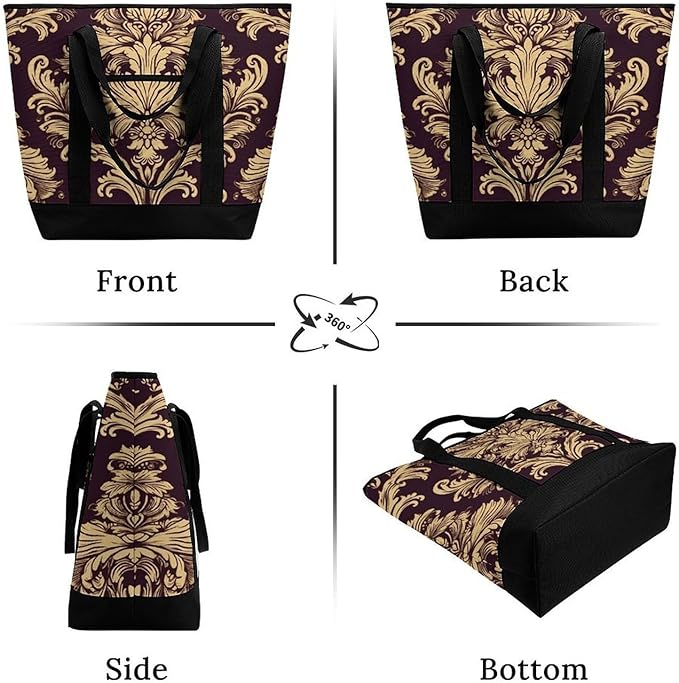 Insulated Shopping BagLarge Reusable Cooler Bags Damask Pattern Printed Foldable Shopping BagTravel Waterproof Shoulder Bag