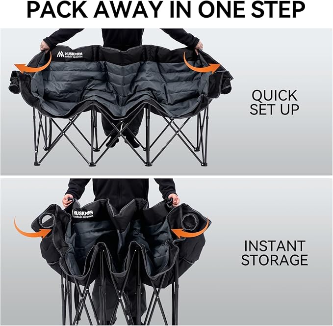 3 Person Camping Chairs Folding Double Camping Chair Portable Oversized Loveseat Padded Camp Chair Heavy Duty Camping Couch for Adults Outdoor Lawn with Two Cup Holders and Carry Bag