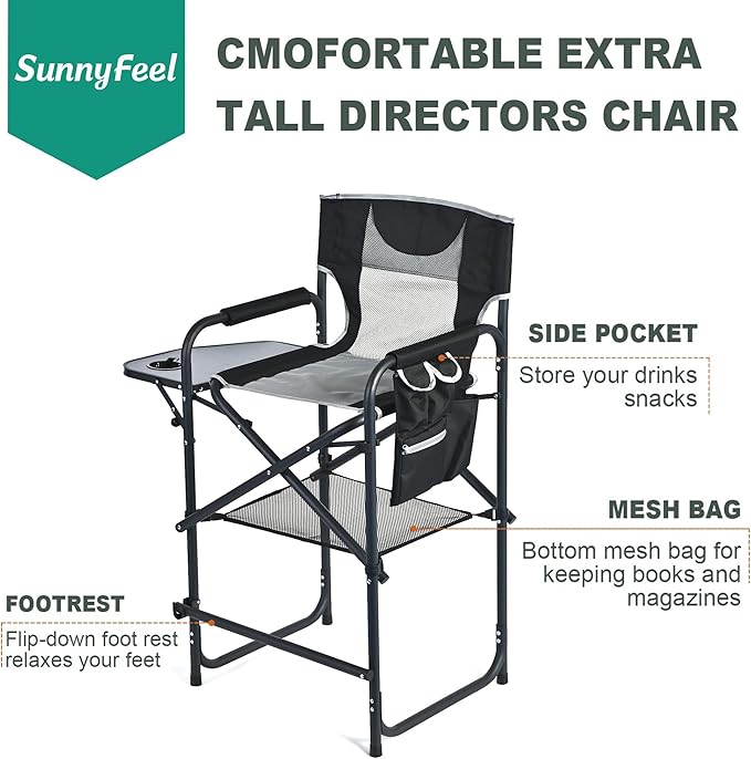 SUNNYFEEL Tall Camping Directors Chair Portable Folding Artist Makeup Chair with Side Table Pocket Footrest Heavy Duty for BeachTripPicnicConcert Outdoor Foldable Camp Lawn Chairs