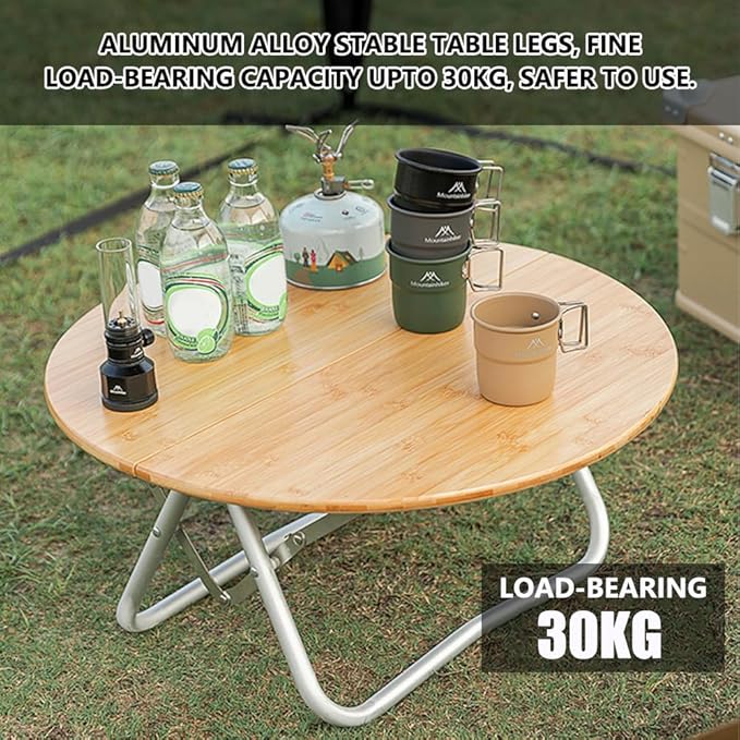 Topyond Camp Table Portable Aluminum Alloy Folding Round Table Lightweight Bamboo Top Camping Table Aluminum Folding Tab for Camping Picnic Self Driving Travel