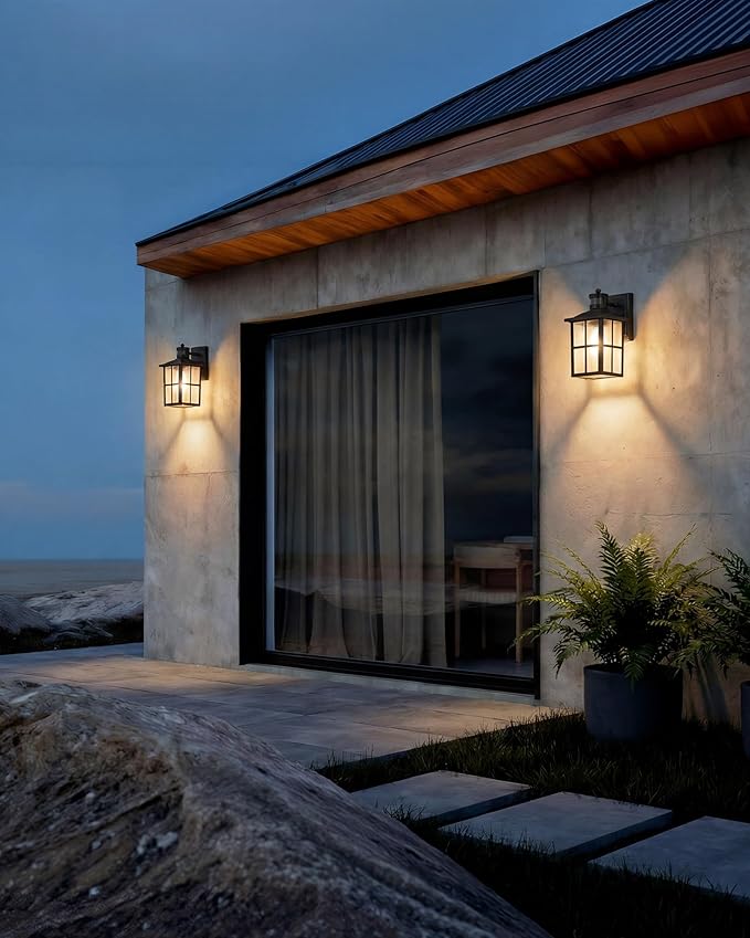 KDG Outdoor Motion Sensor Patio Wall Light Fixtures Set of 2 Black E26 Socket Waterproof Lanterns with Tempered Glass Modern Wall Mounted Lamps Suitable for Home Front Door Garage Porch