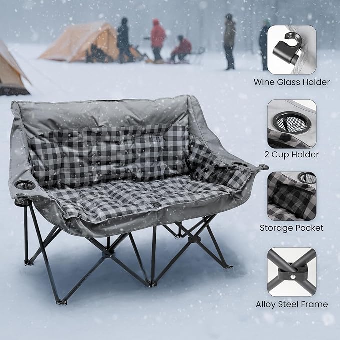 Slsy Double Camping Chair Extra Padded Loveseat for 2 Prson Heavy Duty Folding Loveseat with Cup Holders for Camping Fishing or Hunting