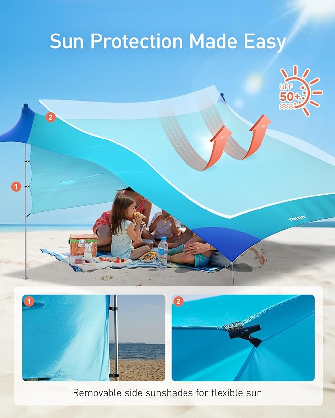 TOURIT Beach Tent Sun Shelter 11x11ft UPF50+ Protection Beach Canopy Tent Sun Shade with Windproof Design Outdoor Canopy for Camping Fishing Backyard Blue
