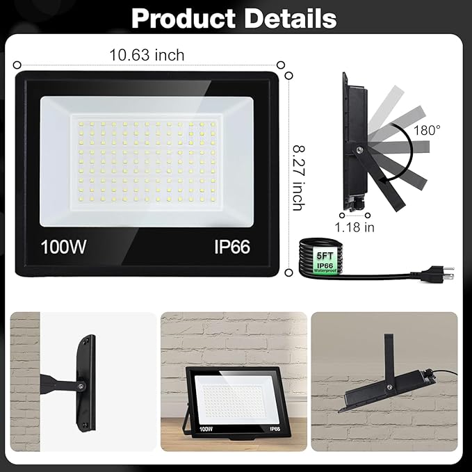 4 Pack 100W LED Flood Light Outdoor with Plug IP66 Waterproof Exterior Security Floolights 12000LM Super Bright LED Work Light 5000K Daylight White Floodlights for Yard Stadium Patio Playground