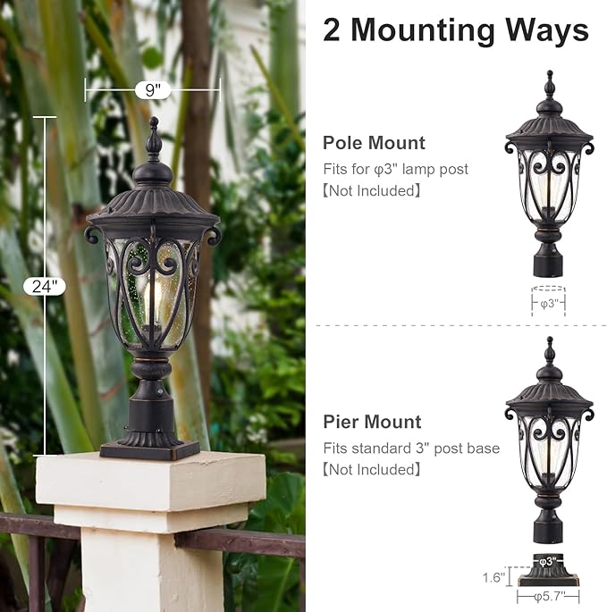 24 Inch High Outdoor Post Light Fixture with Dusk to Dawn Sensor Bronze Post Lantern with Pier Mount Exterior Pole Lighting with Seeded Glass for Yard Garden Patio and Pathway LMMS0519-M