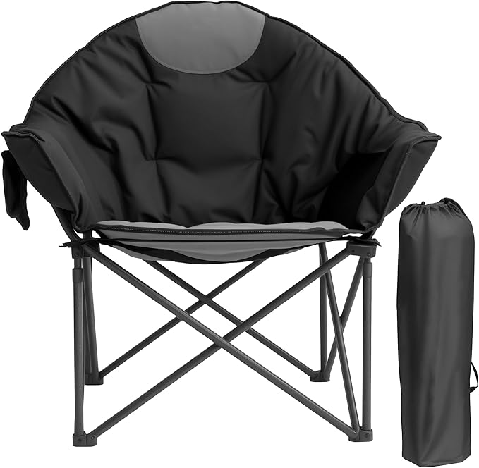 Oversized Camping Chair with Cup Holder &amp Carry Bag 500lbs Heavy Duty Moon Saucer Folding Chair for Outdoor Lawn Sports Patio Black