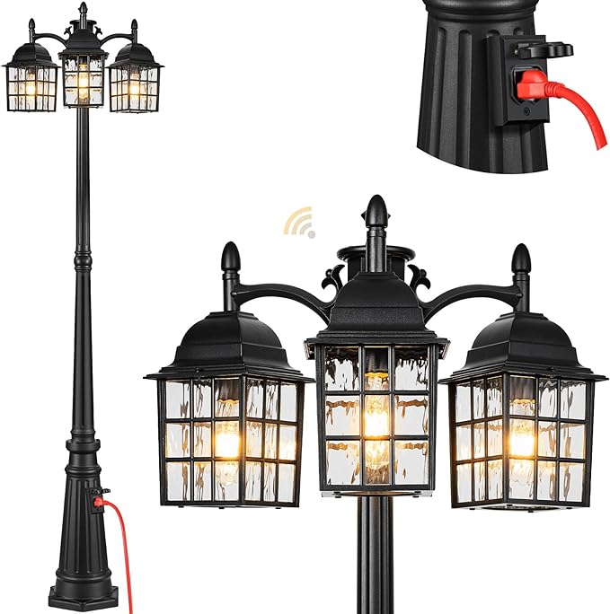 VIANIS Hardwired 3-Head Outdoor Lamp Post Light Fixture with Outlet Black Dusk to Dawn Outdoor Post Lights for Front Yard 100% Aluminum Waterproof Lamp Posts Outdoor Lighting for Backyard Street