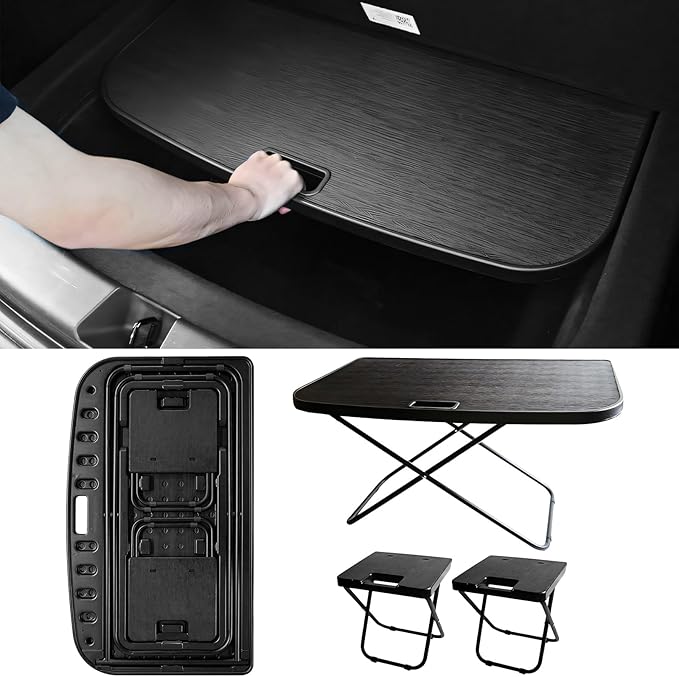 Tesla Model Y Dedicated Camping Table Set with 2 Collapsible Stools Premium Outdoor Folding Table for Outdoor Adventures Beach BBQ Picnics and Road Trips Compatible with Model Y Only Fits the 5 Seater