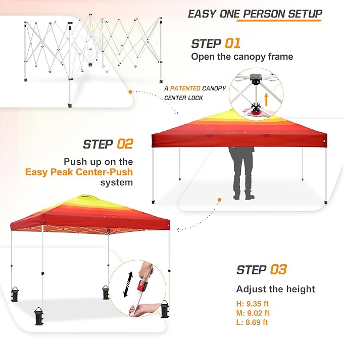 EAGLE PEAK Pop Up Canopy Tent with Wheeled Carry Bag 8 Stakes 4 Ropes 4 Weight Bags Easy Set Up Tent Canopy 10x10 ft 100sqft of Shade Sunset Stripe