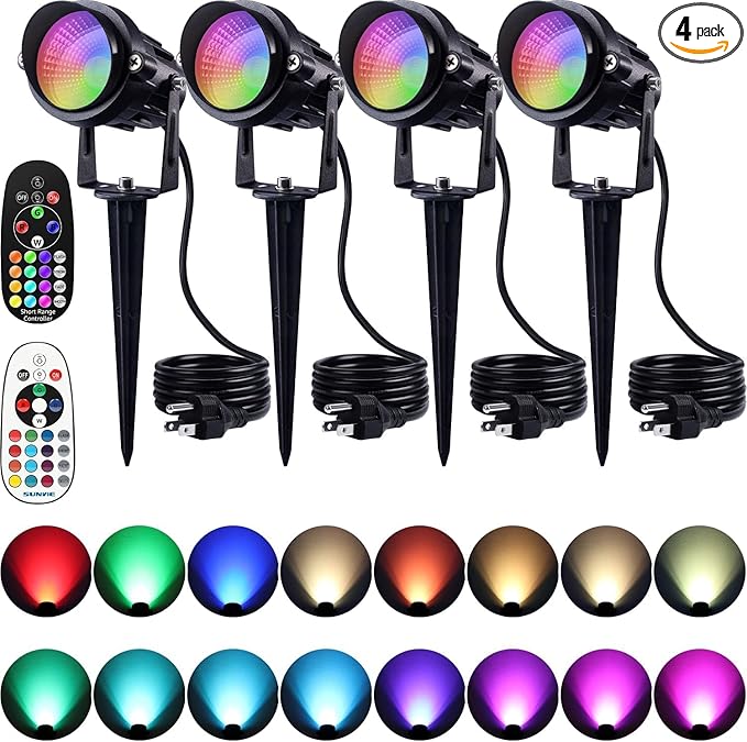 SUNVIE Spot Lights Outdoor 12W RGBW Color Changing Landscape Lights with Remote Control 120V RGB Landscape Lighting Waterproof Outdoor Spotlights for Yard Garden Patio Lawn Decorative 4 Pack
