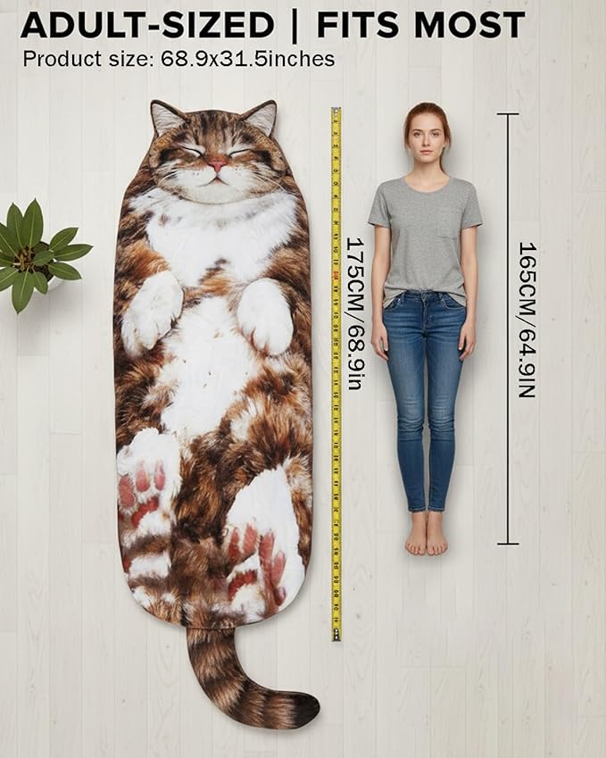 2026 New Fluffy Cat Sleeping Bag for Human Adult Soft Sleepover Bag Cat Envelope Sleep Bags Adult-Size Wearable Washable Warm Blanket for CampingTravel and Home Lounging