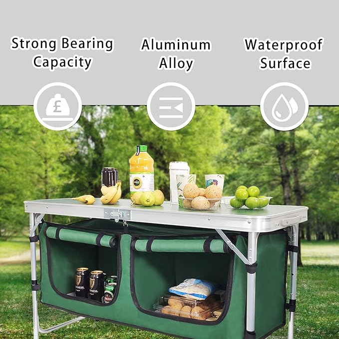 CampLand Outdoor Folding Table Aluminum Lightweight Height Adjustable with Storage Organizer for BBQ Party Camping