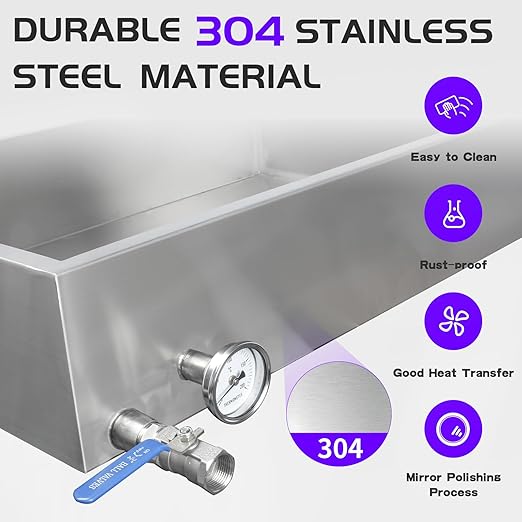Maple Syrup Evaporator Pan 24 x 24 x 10 Inch Maple Syrup Pan 24.9 Gal 304 Stainless Steel Maple Syrup Evaporator Boiling Maple Syrup with Valve and Thermometer