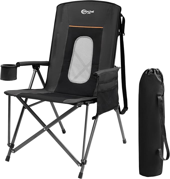 PORTAL Oversized Folding Camping Chair High Back Portable Lawn Chairs for Adults Outdoor Sports with Hard Armrest Cup HolderSupports 400LBS Black
