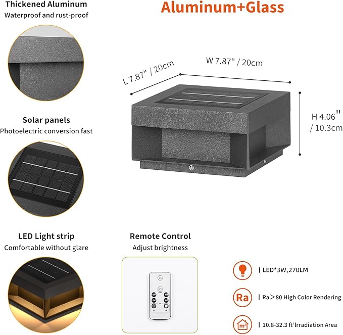 Solar Post Lights Outdoor 7.9'' Pillar Lights Waterproof 3000K Fence Column Cap Light Dusk to Dawn Solar Powered Lantern Modern Lamp Posts Outdoor Lighting Fixture for Yard Pathway Deck Garden
