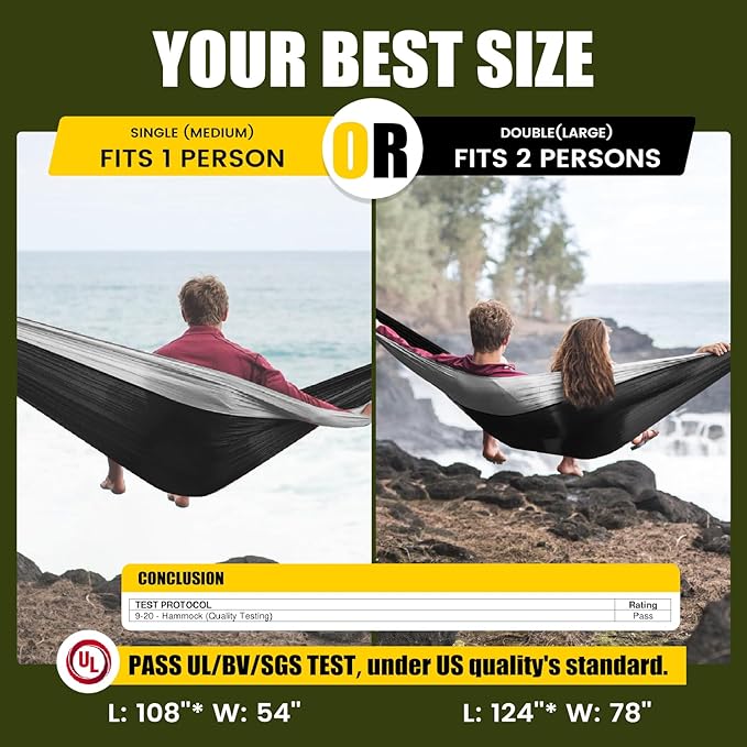 Camping HammockCamping EssentialsLightweight Portable Double &amp Single Hammock with Tree Straps Camping Gear for Outside Hiking Camping Beach Backpack Travel Black &amp Grey Large