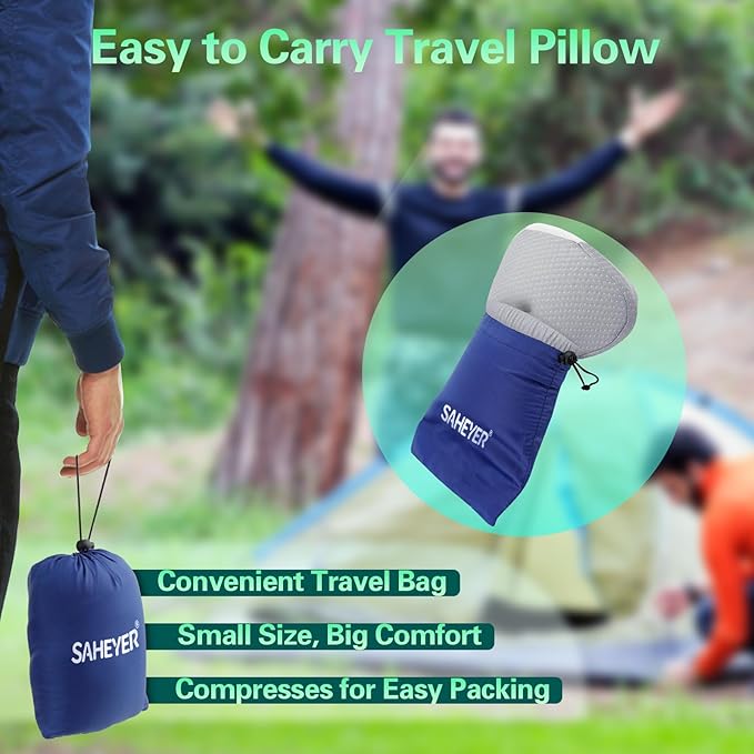 SAHEYER Memory Foam Travel Cervical Pillow Small Camping Pillows for Sleeping with Strap Neck Support Camping Gear Accessories - Travel Essentials for Sleeping Backpacking Hammock Gray