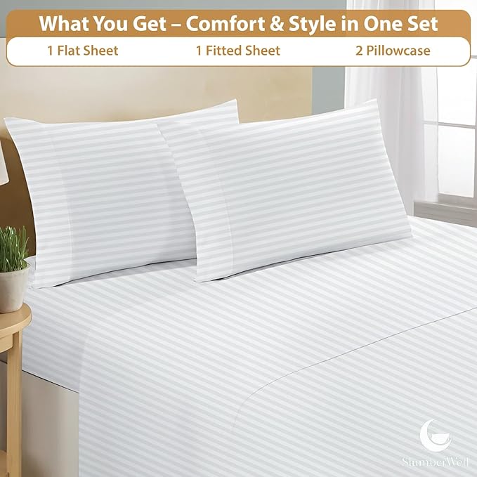 SlumberWell RV Short King Sheet Set 4 Piece Luxury Soft Microfiber Camper Bedding 8–12 Inch Deep Pocket Fits 72x75 Mattress White Stripe