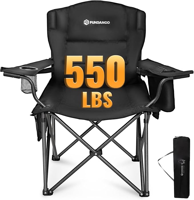 FUNDANGO Oversized Camping Chair for Adults Heavy Duty Portable Foldable Lawn Chair with Padded Seat &amp Back Lumbar Support 4-can Cooler &amp Cup Holder Carry Bag Included for Outdoor