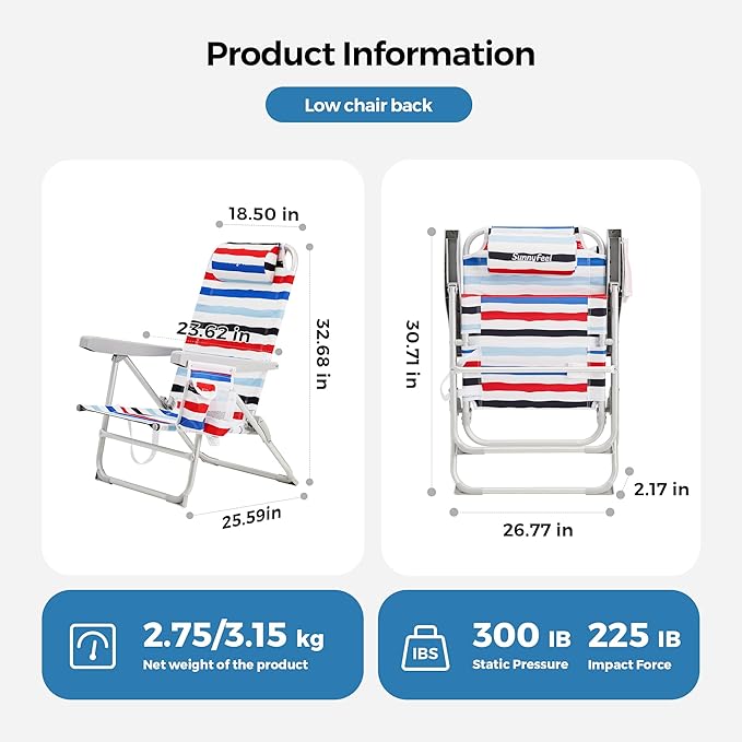 SUNNYFEEL Portable Beach Chair Folding Low Back Beach Chair Lightweight Camp Chair with Reclining Position Backpack Lounger for Beach Camping Lawn Outdoor Red Blue White Striped 2 Pack