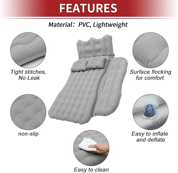 ACROPIX Inflatable SUV Truck Car Air Mattress Back Seat Camping Bed Thickened Car Sleeping Pad for Travel Car Bed SUV Mattress with Car Air Pump and Pillows Gray