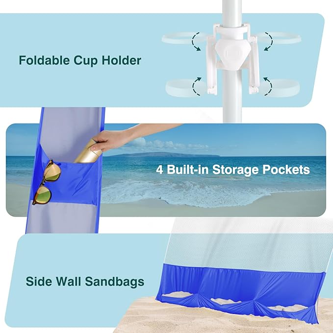 Rhino Valley Beach Cabana 8*8FT Beach Tent UPF50+ Protection Easy Setup Beach Canopy Wind Resistant with Cup HolderCompact Beach Shade Foldable Beach Tent Sun Shelter for Whole Family FriendIndigo