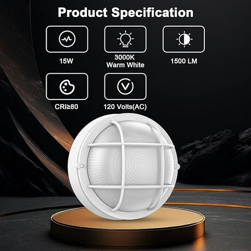 2 Pack 8 Bulkhead LED Light-White Round Nautical Lights 8 LED Sauna Light Fixture 3000K1500 LM15W Nautical Bulkhead Outdoor Light White Round