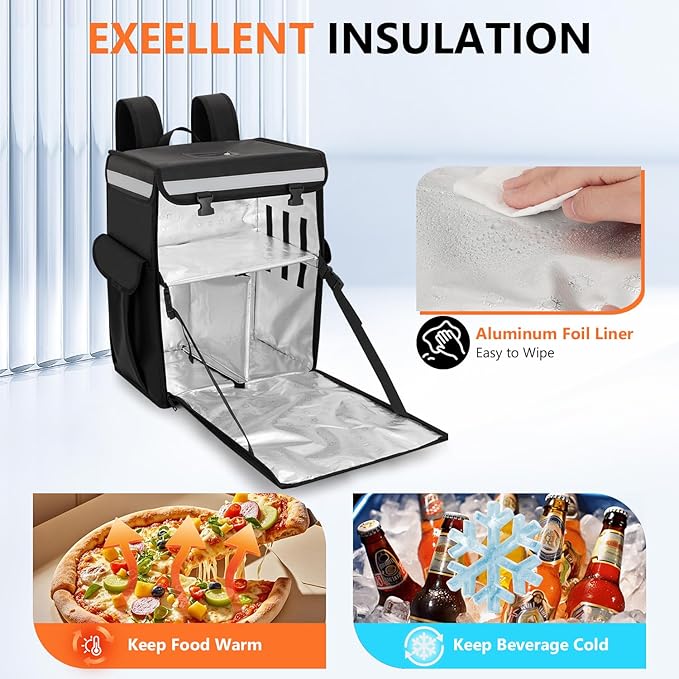 Insulated Food Delivery BagInsulated Backpack with Removable Divider Reflective Strips Full-Open Design Pizza Delivery Bag for Bike Uber Eats DoorDash &amp Grubhub Outdoor Camping Hot Cold Foo