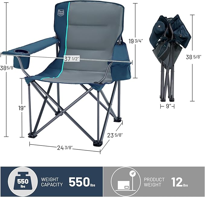 Timber Ridge 550 LBS Oversized Folding Camping Chair for Adults Heavy Duty Outdoor Chair with Cup Holder Side Pocket for Camp Lawn Picnic Navy-Upgrade