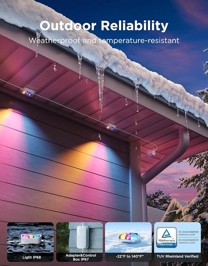 Govee Permanent Outdoor Lights Prism 150ft with 54 Triple-Color Lighting Heads 100+ Scene Modes Up to 60lm for Outdoor Decor IP68 Waterproof Works with Alexa Google Assistant &amp Matter White
