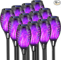 Halloween Decorations Outdoor 12 Pack Purple Solar Lights Outdoor Waterproof 12 LED Mini Tiki Torch Lights with Flickering Flame for Outside Landscape Garden Pathway Dusk to Dawn Auto On/Off
