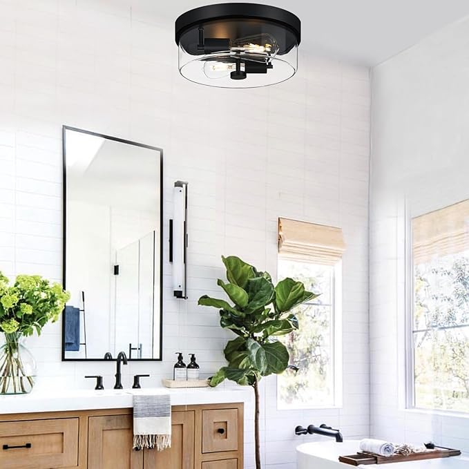 Flush Mount Ceiling Light Fixtures 2-Light Black Ceiling Mount for Farmhouse with Clear Glass Lampshade Industrial Flush Mount Light Fixture for Hallway Kitchen Entryway and Foyer