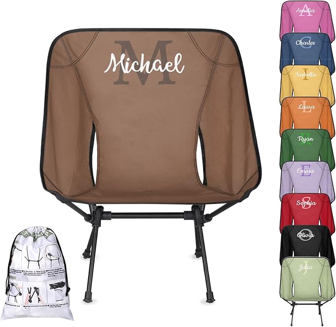 Personalized Camping Chair Custom Portable Folding Chair with Name Customized Lightweight Backpacking Compact Hiking Camp Chairs (Brown)