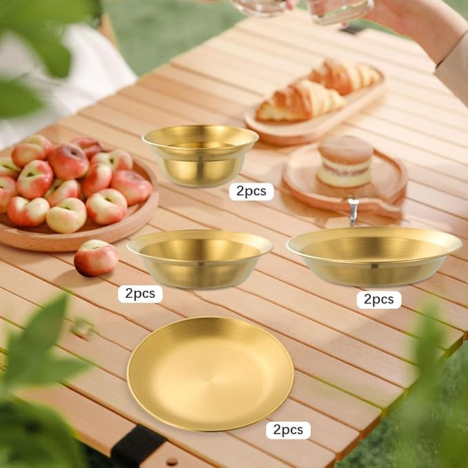 Stainless Steel Plates and Bowls Outdoor Tableware Insulated Metal Bowls Camping Utensils Dinnerware Set for Picnic BBQ Beach- 8pcs Gold